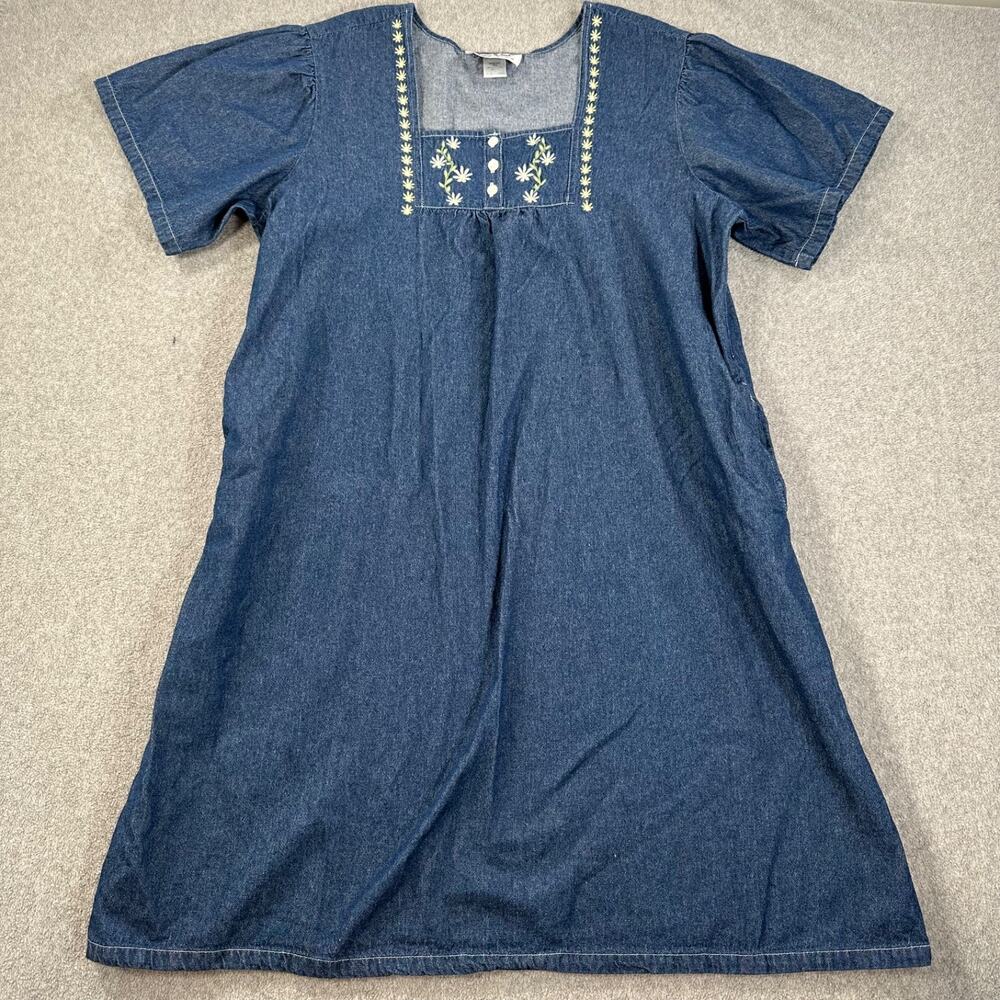 Anthony Richards Blue Denim Short Sleeve Mumu Dress Women's 1X Daisy Embroidered